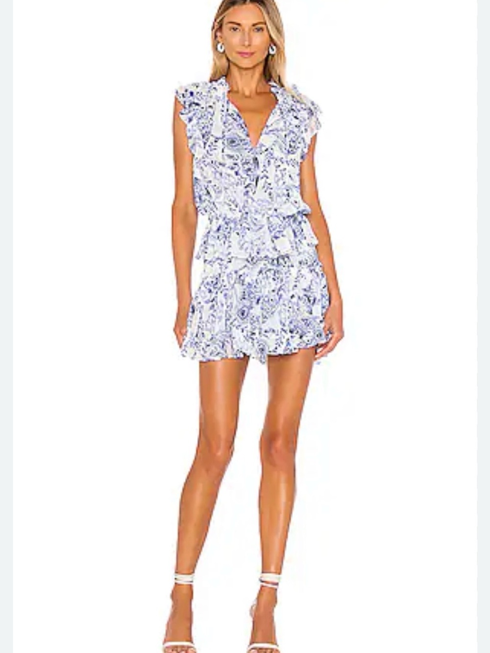 Misa Los Angeles Blue & White Floral Ruffle Mini Dress